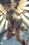  alternate_costume blonde_hair blue_eyes breasts cleavage feathered_wings flying glowing glowing_wings high_heels highres looking_at_viewer medium_breasts mercy_(overwatch) overwatch panties pantyshot sandals smile solo toes underwear whispwill winged_victory_mercy wings 