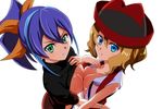  2girls artist_request blue_eyes breast_press breasts duo female green_eyes multicolored_hair multiple_girls pokemon purple_hair serena_(pokemon) serena_(yuu-gi-ou_arc-v) short_hair topless yu-gi-oh! yuu-gi-ou_arc-v 