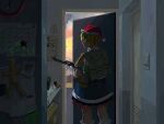  1girl arm_warmers backpack bag blonde_hair bottle calendar_(object) clock closed_mouth commentary door english_commentary green_eyes gun hat highres holding holding_gun holding_weapon indoors kto_znaet light_switch mizuhashi_parsee multicolored_clothes pointy_ears red_headwear rifle santa_hat solo touhou weapon 