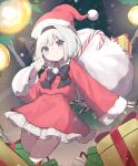  1girl absurdres black_hairband blue_eyes blush box cane capelet christmas closed_mouth dress garasuno gift gift_box grey_hair hairband hat highres hitodama holding holding_sack konpaku_youmu konpaku_youmu_(ghost) looking_at_viewer pom_pom_(clothes) red_capelet red_dress red_headwear sack santa_costume santa_dress santa_hat short_hair smile solo touhou 