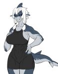 2023 anthro big_breasts black_clothing breasts clothed clothing curvy_figure female fish grin hair hi_res kissxmaker looking_at_viewer marine non-mammal_breasts shark shark_tail simple_background smile solo standing tail teeth thick_thighs tight_clothing wide_hips