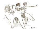  all_fours ass comic fairy fairy_wings fingernails from_behind greyscale hands head_rest minigirl monochrome multiple_girls pointing pointy_ears riding short_hair sketch stick surge_concerto sweatdrop tanaka_gorbachev thighhighs translation_request wings 