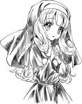  1girl cross cross_necklace dress greyscale habit highres holding holding_cross jashin-chan_dropkick jewelry long_hair looking_at_viewer monochrome necklace nun parted_lips poporon_(jashin-chan_dropkick) simple_background sketch solo upper_body wavy_hair yukiwo 