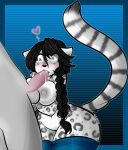 anthro black_hair blue_background blue_clothing blue_eyes blue_legwear blue_stockings blush bodily_fluids braided_hair breasts canid canine canis clothing cum cum_in_mouth cum_inside cum_on_breasts drunk duo eirwen_vaan felid fellatio female fur genital_fluids genitals gradient_background grey_body grey_fur hair legwear long_hair love male male/female mammal mostly_nude navel nude oral pantherine penile penis pussy sex silver_nipples simple_background small_nose snow_leopard stockings substance_intoxication sweat tehbuttercookie wolf