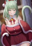  1girl :q animal_ear_fluff animal_ears arknights bell breasts cat_ears cat_girl cat_tail christmas cleavage coat cowboy_shot detached_collar dress fur-trimmed_dress fur_trim green_eyes green_hair harmonie_(arknights) holding large_breasts licking_lips long_hair looking_at_viewer matsutake_in neck_bell neck_ribbon red_dress red_ribbon ribbon santa_costume santa_dress solo strapless strapless_dress tail tongue tongue_out white_coat 