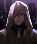  1boy black_shirt brown_coat brown_hair closed_mouth coat collared_shirt heathcliff_(project_moon) highres hood hood_up hooded_coat limbus_company limc_gil41 looking_at_viewer male_focus necktie project_moon purple_eyes rain shirt solo upper_body white_necktie 
