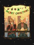  2boys absurdres atou_haruki blonde_hair blue_pants bookshelf brown_hair christmas closed_eyes closed_mouth cup drinking english_text film_grain highres indoors isoi_reiji iuew jacket male_focus merry_christmas multiple_boys open_clothes open_jacket pants red_jacket red_sweater saibou_shinkyoku sanpaku short_hair sitting snowing sweater turtleneck turtleneck_sweater 