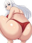  1girl architect ass bare_shoulders barefoot bikini blue_eyes blush breasts frame_arms_girl from_behind huge_ass large_breasts long_hair looking_back red_bikini shiny shiny_clothes shiny_hair shiny_skin sideboob silver_hair solo thong thong_bikini tomoe_makino very_long_hair 