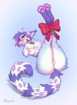 anthro begging begging_pose bell bell_collar blush bound bow_ribbon breasts butt chest_tuft collar danomil felid female fluffy fluffy_tail fur genitals hair hi_res legs_tied legs_up lying mammal mistletoe multicolored_body multicolored_fur nipples on_back pantherine plant pose presenting presenting_hindquarters purple_hair pussy smile snow_leopard solo spots spotted_body spotted_fur tail tongue tongue_out tuft white_body white_fur