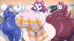 absurd_res animal_crossing anthro apron big_breasts big_butt blue_body blush breasts brown_body butt clothed clothing digital_media_(artwork) eulipotyphlan female freckles fur group hedgehog hi_res huge_breasts huge_butt labelle_able mabel_able makeup mammal nintendo nude sable_able sibling_(lore) simple_background sister_(lore) sisters_(lore) smile thiccbuns thick_thighs trio