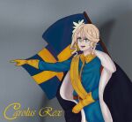  1girl alisha_diphda belt blonde_hair blue_jacket buttons charles_xii_of_sweden charles_xii_of_sweden_(cosplay) coat cosplay flag fur_trim gloves green_eyes highres jacket pointing sabaton_(band) sash simple_background sweden swedish_flag swedish_uniform tales_of_(series) tales_of_zestiria user_wgsa3478 yellow_collar yellow_gloves yellow_sash 