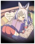  1girl animal_ears bare_shoulders blush christmas dress fur_trim grey_hair hair_between_eyes hair_ornament hairband highres holly_hair_ornament kemono_friends kemono_friends_3 long_sleeves looking_at_viewer merry_christmas multicolored_hair onefiresticks rabbit_ears rabbit_girl red_dress red_thighhighs santa_costume short_hair sidelocks snowshoe_hare_(kemono_friends) solo tearing_up thighhighs white_fur white_hair yellow_eyes 