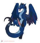  2017 anus black_fur blue_feathers blue_fur claws cum cum_on_chest cum_on_leg cum_on_penis cum_on_stomach digitoxici dragon erection feathers fur green_eyes male mammal penis sharp_teeth simple_background smile teeth tongue tongue_out white_background 