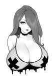  1girl artist_name brassica breasts choker cleavage collarbone cross_pasties fishnet_bra greyscale hair_over_one_eye large_breasts lips long_eyelashes long_hair monochrome original pasties photo-referenced real_life solo upper_body 