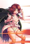  blush breasts brown_hair fire_emblem fire_emblem:_thracia_776 fire_emblem_heroes harihisa long_hair miranda_(fire_emblem) navel no_pants panties small_breasts solo striped striped_panties torn_clothes underwear 