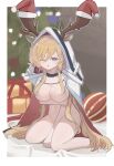  1girl ;o animal_ears antlers antlers_through_hood arknights ball blonde_hair blush border box breasts cape christmas christmas_present christmas_tree cleavage deer_antlers deer_ears deer_girl ears_through_hood fur-trimmed_headwear fur_trim gift gift_box groin hair_censor hair_over_breasts hat hat_on_antlers highres large_breasts long_hair looking_at_viewer naked_cape navel newnigh one_eye_closed open_mouth outside_border pom_pom_(clothes) purple_eyes red_cape red_headwear santa_hat sitting solo two-sided_cape two-sided_fabric very_long_hair viviana_(arknights) wariza white_border white_cape 