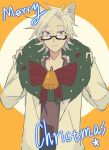  1boy animal_ears bell black_pants blue_eyes cat_boy cat_ears christmas christmas_wreath closed_mouth english_text glasses holding_wreath kanou_aogu lab_coat long_sleeves looking_at_viewer male_focus merry_christmas pants pidian_zhanshi purple_shirt red_ribbon ribbon saibou_shinkyoku semi-rimless_eyewear shirt smile solo star_(symbol) white_hair wreath 