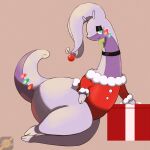 1:1 antennae_(anatomy) bedroom_eyes choker christmas clothed clothing curvy_figure darknsfwindie digital_media_(artwork) dragon female generation_6_pokemon gift glowing goodra green_eyes hi_res holidays jewelry jill_(darknsfwindie) looking_at_viewer multicolored_body narrowed_eyes necklace nintendo ornament piercing pokemon pokemon_(species) purple_body seductive simple_background slime smile solo tail thick_thighs two_tone_body voluptuous