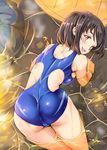  :d ass bent_over black_hair breasts brown_eyes competition_swimsuit large_breasts looking_at_viewer one-piece_swimsuit onsen open_mouth original smile solo swimsuit usyuuri wading 