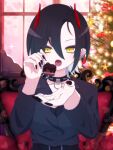  10northern11 1girl azur_lane black_choker black_hair black_nails black_shirt cake choker christmas christmas_tree collared_shirt cross ear_piercing food fork hair_between_eyes hands_up heart highres holding holding_fork horns incoming_food indoors long_sleeves looking_at_viewer multicolored_hair open_mouth piercing pov red_horns shirt short_hair sitting solo sparkle spiked_choker spikes streaked_hair ulrich_von_hutten_(azur_lane) white_hair window yellow_eyes 