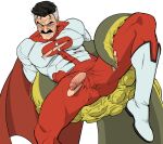  1boy bara black_hair blush bodysuit bonjourdraws cape clenched_teeth commentary facial_hair gloves half-erect highres invincible_(series) large_pectorals looking_at_viewer male_focus male_pubic_hair mature_male monster multicolored_hair muscular muscular_male mustache nolan_grayson octopus omni-man pectorals penis pubic_hair red_bodysuit red_cape red_gloves short_hair solo teeth tentacles tentacles_on_male thick_eyebrows thick_thighs thighs torn_bodysuit torn_clothes two-tone_bodysuit two-tone_hair uncensored white_background white_hair 