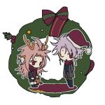  2boys ahoge animal_ears black_shirt black_shorts brown_pants chibi christmas_wreath coat colored_eyelashes deer_ears earrings fake_animal_ears fake_antlers gingerbread_man grey_coat hands_in_pockets hat hatsutori_hajime jewelry jitome lian843665 long_sleeves male_focus multiple_boys no_mouth no_nose one_eye_closed open_clothes open_coat open_mouth pants pink_hair purple_hair red_eyes red_headwear saibou_shinkyoku santa_hat shirt shorts simple_background smile theodore_riddle transparent_background wreath 