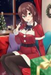  1girl black_bow black_pantyhose blush bow box braid breasts brown_hair capelet christmas christmas_wreath cleavage couch dress fur_trim gift gift_box hair_between_eyes highres indoors kantai_collection kotou_yogen long_hair long_sleeves looking_at_viewer medium_breasts night noshiro_(kancolle) open_mouth pantyhose red_capelet red_dress santa_costume sidelocks sitting solo star_(sky) star_(symbol) twin_braids window wreath 