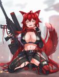  1girl :d absurdres animal_ear_fluff animal_ears antenna_hair belt black_belt black_footwear black_gloves black_jacket black_pants blush breasts cleavage commentary cropped_jacket crossed_bangs crotch_plate fangs fingerless_gloves fox_shadow_puppet full_body gloves goddess_of_victory:_nikke gun hair_between_eyes highres hip_vent holding holding_gun holding_weapon holster jacket jacket_partially_removed kemonomimi_mode kneeling large_breasts leather leather_jacket leather_pants long_hair long_sleeves looking_at_viewer matsel_arts midriff navel open_mouth pants red_hair red_hood_(nikke) red_jacket red_scarf rifle scarf shadow sidelocks signature smile sniper_rifle solo suspenders tail teeth thigh_holster unzipped upper_teeth_only very_long_hair weapon wolf_ears wolf_girl wolf_tail yellow_eyes 