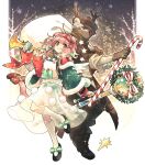  1boy 1girl ahoge animal_ears antlers arknights bear_boy bear_ears black_footwear blue_bow blush bow brown_coat brown_gloves brown_headwear candy carrying_over_shoulder cat_ears cat_girl cat_tail christmas christmas_wreath coat commentary cosplay detached_sleeves flats floppy_ears floral_print flower food fur-trimmed_sleeves fur_trim gloves goldenglow_(arknights) goldenglow_(maiden_for_the_bright_night)_(arknights) green_bow green_sleeves grey_hair hair_bow hair_ornament hairband hairclip highres holding holding_candy holding_food holding_instrument holding_staff horn_(instrument) infection_monitor_(arknights) instrument layered_sleeves long_sleeves looking_at_viewer mask morini_ochiteru mouth_mask pink_hair poinsettia pom_pom_(clothes) print_hairband red_(npc)_(arknights) red_eyes red_hairband reindeer_antlers rudolph_the_red_nosed_reindeer rudolph_the_red_nosed_reindeer_(cosplay) sack shoes skirt smile snowflakes socks staff standing tail tail_bow tail_ornament white_flower white_skirt white_socks wreath x_hair_ornament yellow_eyes 