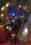  1girl 2others ahriman artist_request au_ra black_gloves black_hair breasts final_fantasy final_fantasy_xiv ghost gloves halloween hat highres impresario_(ff14) jack-o&#039;-lantern juliet_sleeves long_sleeves looking_at_viewer medium_breasts multiple_others official_art pale_skin puffy_sleeves pumpkin red_eyes silk smile spider_web standing top_hat vampire witch_hat 