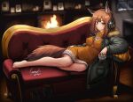  1girl absurdres animal_ear_fluff animal_ears arknights bare_legs barefoot bead_necklace beads black_footwear black_jacket boots braid breasts brown_eyes brown_hair couch covered_nipples dress fur_collar hagane_ryusuke hand_on_own_hip headphones highres holding implied_extra_ears jacket jewelry long_hair long_sleeves looking_at_viewer lying medium_breasts necklace night on_couch on_side open_clothes open_jacket orange_dress parted_lips picture_frame ratatos_browntail_(arknights) snow_globe solo squirrel_ears squirrel_girl squirrel_tail tail unworn_boots window 