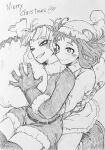  2girls bag bags_under_eyes belt blush boku_no_hero_academia christmas couple double_bun dress gloves greyscale hair_bun hat highres hug hug_from_behind light_smile looking_at_viewer merry_christmas monochrome multiple_girls nagatomo1565 santa_costume santa_dress santa_gloves santa_hat short_hair simple_background smile thighs toga_himiko uraraka_ochako white_background yuri 