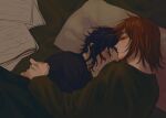  2boys blue_hair blue_shirt brown_hair chinese_commentary closed_eyes closed_mouth commentary_request dark_blue_hair green_shirt harada_mutei hug kaze_(yznyttdgs) long_sleeves male_focus multiple_boys papers pillow saibou_shinkyoku shirt short_hair sleeping smile under_covers utsugi_rangiri 