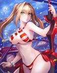  aestus_estus ahoge bead_bracelet beads bikini blonde_hair blue_sky blush bracelet breasts car character_name closed_mouth collarbone commentary_request confetti contrapposto criss-cross_halter day earrings eyebrows_visible_through_hair fate/grand_order fate_(series) green_eyes ground_vehicle hair_intakes halterneck highres holding holding_sword holding_weapon jewelry large_breasts long_hair looking_at_viewer motor_vehicle navel nero_claudius_(fate)_(all) nero_claudius_(swimsuit_caster)_(fate) omoti_(1201208) outdoors red_bikini revision side-tie_bikini sky smile solo stadium standing striped striped_bikini swimsuit sword thighs twintails weapon 