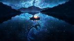  1girl absurdres blue boat dark from_behind highres lake lantern looking_at_another mountain natsu_(hottopeppa3390) nature night night_sky original outdoors reflection scenery sitting sky star_(sky) starry_sky watercraft 