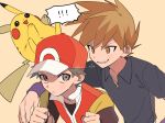  2boys blue_oak brown_eyes brown_hair closed_mouth collared_shirt commentary_request hands_up hat highres holding_strap jewelry male_focus momotose_(hzuu_xh4) multiple_boys necklace pikachu pokemon pokemon_(creature) pokemon_frlg purple_wristband red_(pokemon) red_headwear shirt short_hair short_sleeves spiked_hair t-shirt upper_body vest wristband 