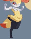 2023 anthro braixen breasts chest_tuft featureless_breasts female fur generation_6_pokemon inner_ear_fluff looking_at_viewer nintendo ok- one_eye_closed open_mouth pokemon pokemon_(species) red_eyes simple_background small_breasts solo tuft