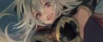  :d arm_guards arm_up armor armpits bare_shoulders bow breasts from_below granblue_fantasy grey_hair hair_between_eyes highres large_breasts long_hair looking_at_viewer looking_down mifuji_kiichi open_mouth red_eyes smile solo teeth thalatha_(granblue_fantasy) 