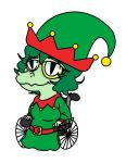 anthro baryonyx breasts christmas colored dinosaur elf_costume elf_hat female freckles garavakarian green_body green_hair green_scales grey_eyes hair hand_puppet hi_res holidays i_wani_hug_that_gator narrowed_eyes olivia_(iwhtg) pupils puppet reptile scales scalie simple_background sitting slit_pupils smile snout solo spinosaurid theropod wheelchair yellow_sclera