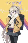  1girl absurdres ahoge ashuho bag black-framed_eyewear black_pantyhose blue_archive blush character_name earmuffs glasses gloves grey_hair hair_between_eyes hair_ornament hairclip halo hand_in_pocket highres jacket kotama_(blue_archive) kotama_(camp)_(blue_archive) long_hair long_sleeves official_alternate_costume open_clothes open_jacket orange_jacket pantyhose parted_lips pleated_skirt ponytail purple_eyes scarf simple_background skirt solo very_long_hair white_gloves 