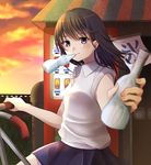  bicycle blue_skirt brown_hair cloud cowboy_shot foreshortening giving ground_vehicle looking_at_viewer mouth_hold negiko123123 original outdoors purple_eyes red_sky shirt short_hair short_sleeves sign sitting skirt sky sleeves_pushed_up smile solo sunset vending_machine white_shirt 
