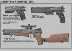  absurdres english_text fallout_(series) fallout_4 gun handgun highres optical_sight shoulder_stock srtdrawart suppressor weapon 