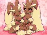  1boy 1girl animal_ears artist_request black_sclera blush breasts buneary bunny_ears eyes_closed family feet full_body furry lopunny no_humans no_nipples paws pink_background pink_eyes pokemon pokemon_(creature) pokemon_dppt signature simple_background sitting small_breasts smile text 