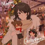  1girl brown_hair brown_shirt character_doll christmas closed_mouth doll english_text fur-trimmed_jacket fur_trim holding holding_doll jabuchi_you jacket long_sleeves looking_at_viewer merry_christmas open_clothes open_jacket photo_background pidian_zhanshi red_eyes saibou_shinkyoku scarf shirt smile white_jacket yanagi_nina yellow_scarf 