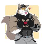 &lt;3 1:1 2023 anthro belt biceps big_muscles blep bodily_fluids border bottomwear canid canine canis claws clothed clothing cute_expression dialogue_box drizzart drooling ear_piercing ear_ring epic_games eyebrows fingerless_gloves fortnite fur gesture gloves handwear hat headgear headwear heart_gesture hi_res male mammal muscular muscular_anthro muscular_male pants piercing ring_piercing saliva simple_background smile solo standing tongue tongue_out topwear tuft wendell_(fortnite) white_border wolf yellow_background