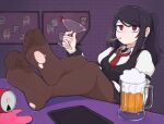  1girl beer_mug black_hair black_skirt black_vest brown_pantyhose cellphone cigarette cocktail_glass collared_shirt crossed_legs cup drinking_glass feet feet_on_table foot_focus foreshortening hand_up highres holding holding_cup indoors jill_stingray juliet_sleeves long_hair long_sleeves looking_at_viewer mug necktie no_shoes pantyhose phone puffy_sleeves purple_background red_eyes red_necktie shadow shirt sitting skirt smartphone smoke smoking softhanten soles solo swept_bangs toes torn_clothes torn_pantyhose va-11_hall-a vest 
