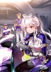  1girl 2boys blunt_bangs bow braid breasts hair_bow highres highspeed_etoile holding holding_tablet_pc medium_breasts multiple_boys official_art pelvic_curtain race_vehicle red_eyes sitting tablet_pc thinking white_hair yoran_ryu 