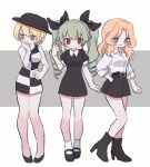  3girls alternate_costume anchovy_(girls_und_panzer) belt black_belt black_footwear black_headwear black_ribbon black_shirt black_skirt blonde_hair blue_eyes blush boots checkered_clothes checkered_dress closed_mouth collared_shirt darjeeling_(girls_und_panzer) dress drill_hair girls_und_panzer green_eyes hair_ribbon high_heel_boots high_heels highres kay_(girls_und_panzer) multiple_girls parted_bangs ri_(qrcode) ribbon shirt short_hair short_sleeves skirt sleeveless sleeveless_dress smile socks twin_drills white_shirt white_socks 