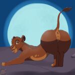 1:1 accessory anus ass_up brown_body brown_fur butt darknsfwindie digital_media_(artwork) disney felid female feral flower flower_in_hair fur genitals hair hair_accessory hi_res lion looking_back mammal moon multicolored_body nirmala_(the_lion_guard) pantherine plant pussy raised_tail simple_background solo tail the_lion_guard the_lion_king tongue tongue_out