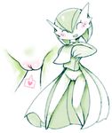  1girl atlas_(artist) blush clitoris eyes_closed full_body gardevoir green_hair hands_together hands_up happy heart highres legs_apart multiple_views open_mouth pokemon pokemon_(creature) pokemon_rse pussy short_hair simple_background smile solo standing towel uncensored white_background 
